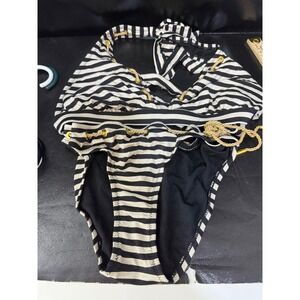 Jessica Simpson Black White Striped Nautical Lace Up Bikini Set Large Top Small